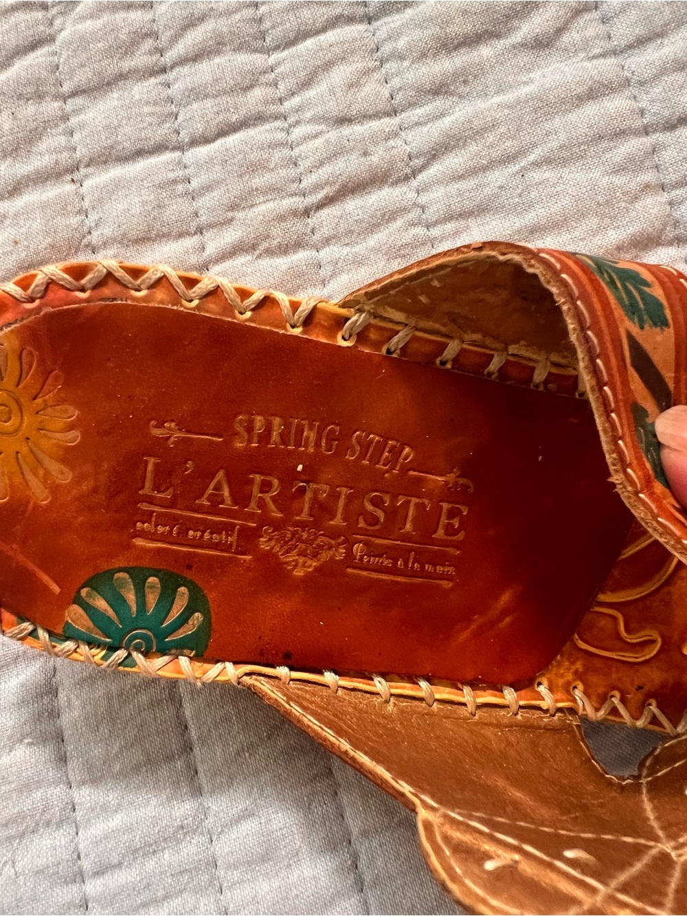 Artisan Orange Leather Sandals with Green Floral Accent - Picture 5 of 6